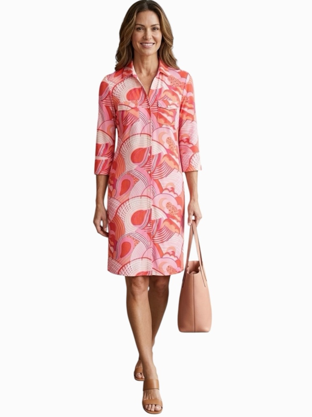 J. McLaughlin Button Down 3/4 Sleeve Brynn Dress in Sundae Swirl Size Medium